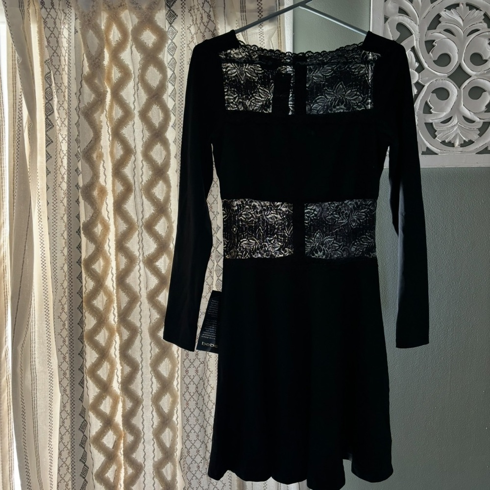 bebe Black Long Sleeve Dress with Lace Accents
